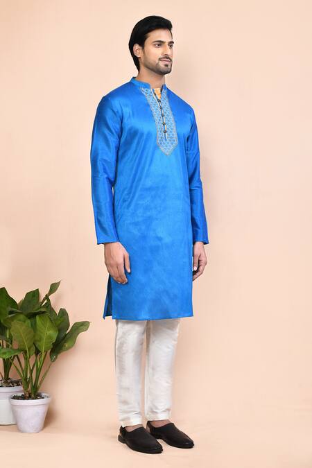 Arihant Rai Sinha_Blue Cotton Embroidery Printed Placket Kurta _at_Aza_Fashions