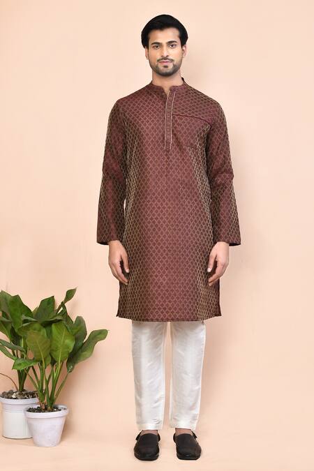 Arihant Rai Sinha_Brown Cotton Embroidery Flower Butti Pattern Kurta _Online_at_Aza_Fashions