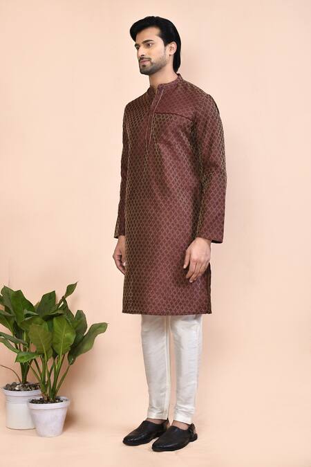 Shop Arihant Rai Sinha Brown Cotton Embroidery Flower Butti Pattern Kurta Online at Aza Fashions Shop_Arihant Rai Sinha_Brown Cotton Embroidery Flower Butti Pattern Kurta _Online_at_Aza_Fashions