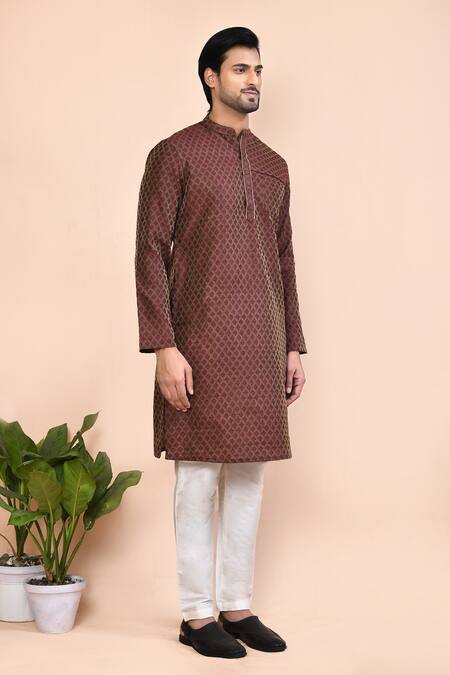 Arihant Rai Sinha Brown Cotton Embroidery Flower Butti Pattern Kurta at Aza Fashions Arihant Rai Sinha_Brown Cotton Embroidery Flower Butti Pattern Kurta _at_Aza_Fashions