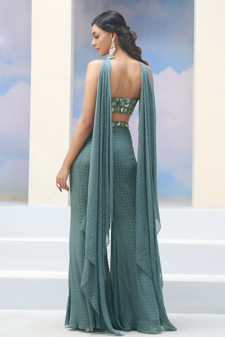 Silky Bindra X AZA_Blue Georgette Embroidery Scoop Neck Stars And Moon Set _Online_at_Aza_Fashions