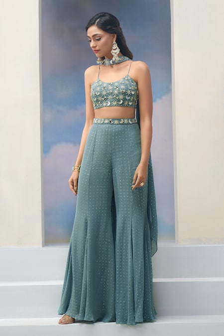 Buy_Silky Bindra X AZA_Blue Georgette Embroidery Scoop Neck Stars And Moon Set _Online_at_Aza_Fashions