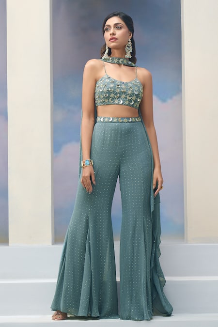 Shop_Silky Bindra X AZA_Blue Georgette Embroidery Scoop Neck Stars And Moon Set 