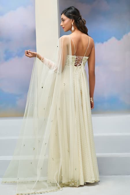 Silky Bindra X AZA_Ivory Net, Georgette, Silk Embroidery Scoop Neck Anarkali Set With Dupatta _Online_at_Aza_Fashions