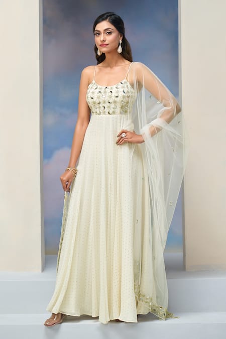 Shop_Silky Bindra X AZA_Ivory Net, Georgette, Silk Embroidery Scoop Neck Anarkali Set With Dupatta _Online_at_Aza_Fashions