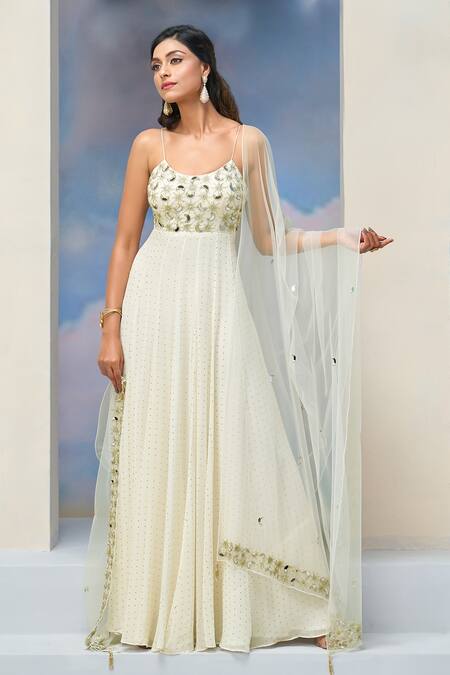 Silky Bindra X AZA_Ivory Net, Georgette, Silk Embroidery Scoop Neck Anarkali Set With Dupatta _at_Aza_Fashions