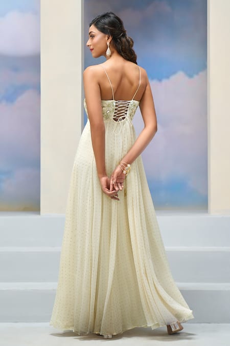 Buy_Silky Bindra X AZA_Ivory Net, Georgette, Silk Embroidery Scoop Neck Anarkali Set With Dupatta 