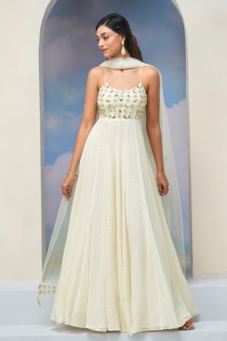 Shop_Silky Bindra X AZA_Ivory Net, Georgette, Silk Embroidery Scoop Neck Anarkali Set With Dupatta 