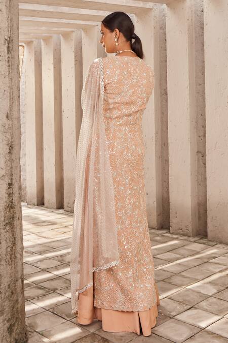 Buy_Nidhika Shekhar_Pink Net, Crepe, Georgette Embroidery, Jalsa-e-bahaar Floral Kurta Lehenga Set _Online_at_Aza_Fashions