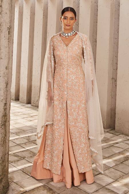 Shop_Nidhika Shekhar_Pink Net, Crepe, Georgette Embroidery, Jalsa-e-bahaar Floral Kurta Lehenga Set _Online_at_Aza_Fashions