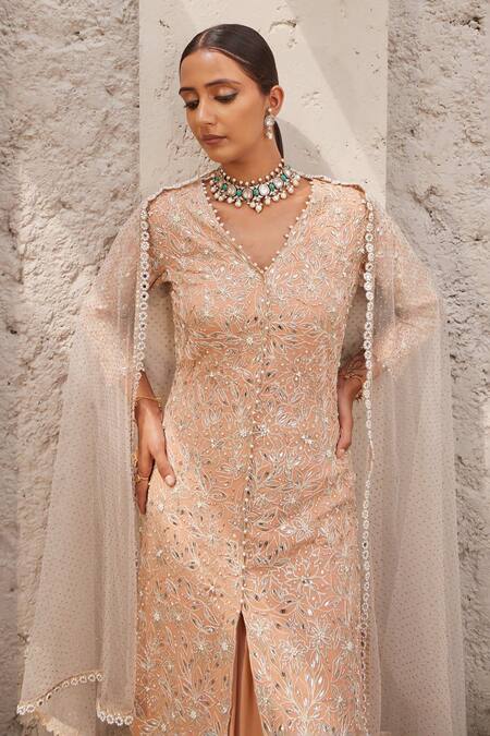 Nidhika Shekhar_Pink Net, Crepe, Georgette Embroidery, Jalsa-e-bahaar Floral Kurta Lehenga Set _at_Aza_Fashions