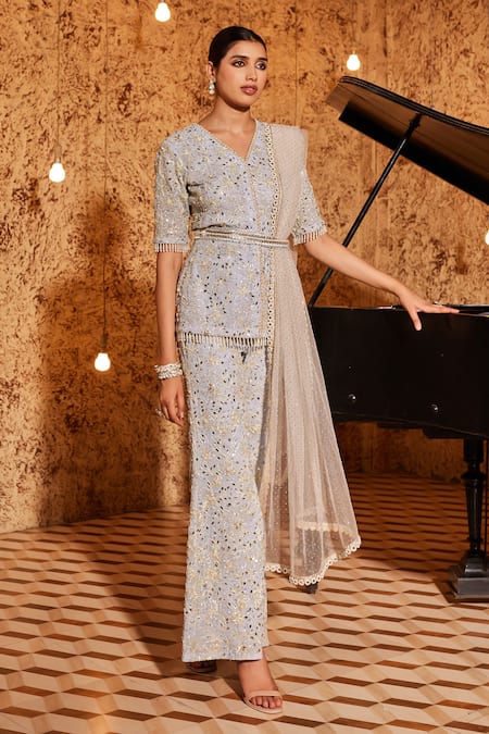 NIDHIKA SHEKHAR_Blue Georgette, Linen Embroidery, Sequins, Jalsaa-e-bela Blossom Kurta Pant Set _Online_at_Aza_Fashions