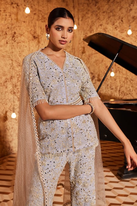 Buy_NIDHIKA SHEKHAR_Blue Georgette, Linen Embroidery, Sequins, Jalsaa-e-bela Blossom Kurta Pant Set _Online_at_Aza_Fashions