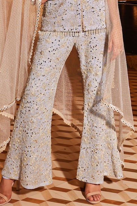 Shop_NIDHIKA SHEKHAR_Blue Georgette, Linen Embroidery, Sequins, Jalsaa-e-bela Blossom Kurta Pant Set _Online_at_Aza_Fashions