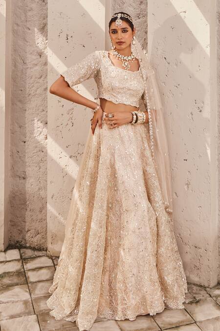 Shop_Nidhika Shekhar_Cream Organza, Satin Maharani-e-khaas Floral Embroidered Bridal Lehenga Set _Online_at_Aza_Fashions