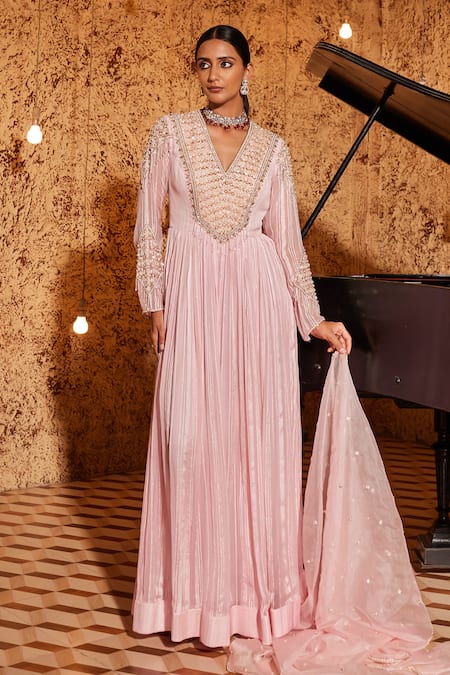 NIDHIKA SHEKHAR_Pink Organza Embroidered Hin Khoj Jalsaa Sequin Blossom Anarkali With Dupatta _Online_at_Aza_Fashions