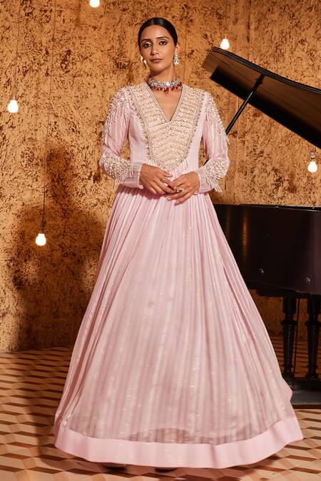Buy_NIDHIKA SHEKHAR_Pink Organza Embroidered Hin Khoj Jalsaa Sequin Blossom Anarkali With Dupatta _Online_at_Aza_Fashions