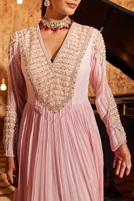 Shop_NIDHIKA SHEKHAR_Pink Organza Embroidered Hin Khoj Jalsaa Sequin Blossom Anarkali With Dupatta _Online_at_Aza_Fashions