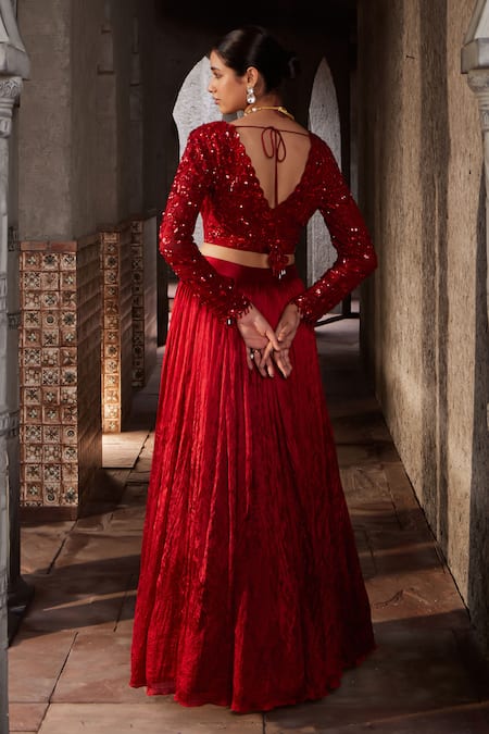 Nidhika Shekhar Surkh Jalsaa Embroidered Dupatta Attached Blouse With Lehenga