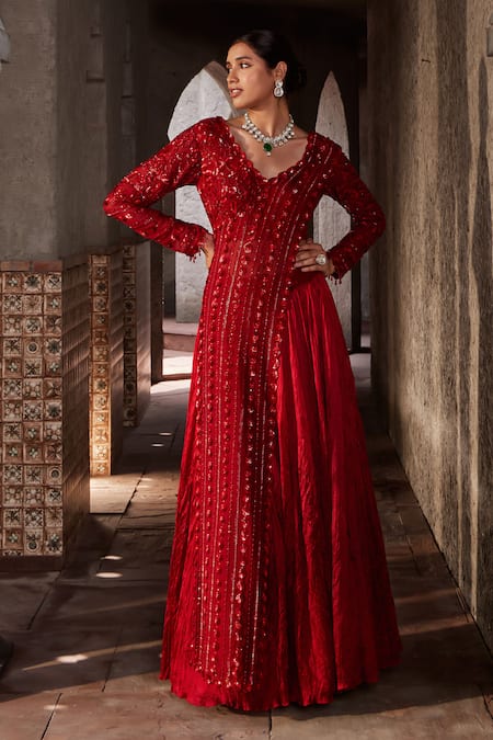 Nidhika Shekhar_Red Georgette, Surkh Jalsaa Embroidered Dupatta Attached Blouse With Lehenga _Online_at_Aza_Fashions