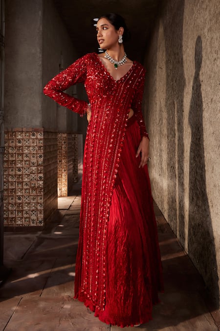 Buy_Nidhika Shekhar_Red Georgette, Surkh Jalsaa Embroidered Dupatta Attached Blouse With Lehenga _Online_at_Aza_Fashions