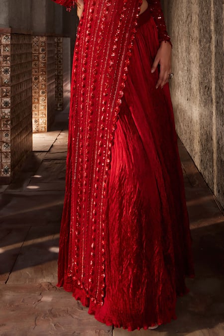 Shop_Nidhika Shekhar_Red Georgette, Surkh Jalsaa Embroidered Dupatta Attached Blouse With Lehenga _Online_at_Aza_Fashions