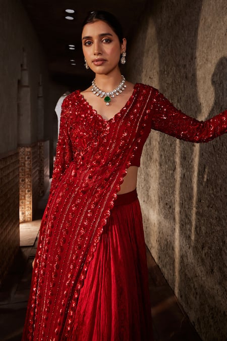 Nidhika Shekhar_Red Georgette, Surkh Jalsaa Embroidered Dupatta Attached Blouse With Lehenga _at_Aza_Fashions