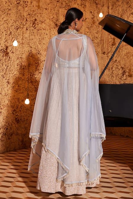 Nidhika Shekhar Utsav Sheer Floral Embroidered Border Cape Lehenga Set 