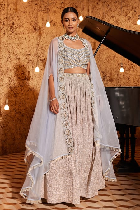 NIDHIKA SHEKHAR_Blue Silk Embroidery, Sequins, Utsav Sheer Floral Border Cape Lehenga Set _Online_at_Aza_Fashions