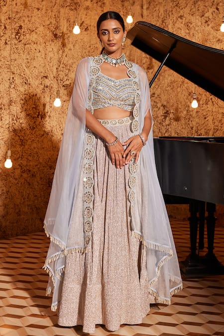 Buy_NIDHIKA SHEKHAR_Blue Silk Embroidery, Sequins, Utsav Sheer Floral Border Cape Lehenga Set _Online_at_Aza_Fashions