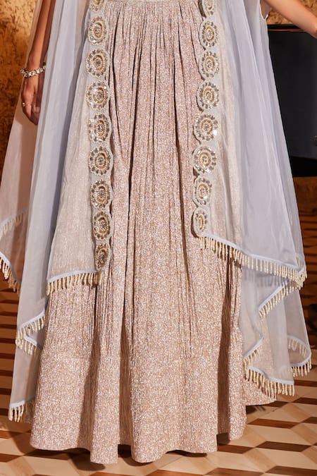 Shop_NIDHIKA SHEKHAR_Blue Silk Embroidery, Sequins, Utsav Sheer Floral Border Cape Lehenga Set _Online_at_Aza_Fashions