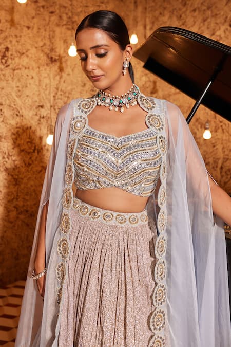 NIDHIKA SHEKHAR_Blue Silk Embroidery, Sequins, Utsav Sheer Floral Border Cape Lehenga Set _at_Aza_Fashions