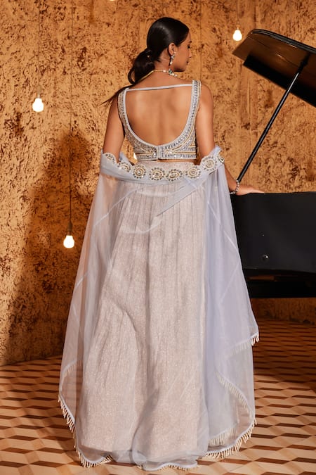 Buy_NIDHIKA SHEKHAR_Blue Silk Embroidery, Sequins, Utsav Sheer Floral Border Cape Lehenga Set 