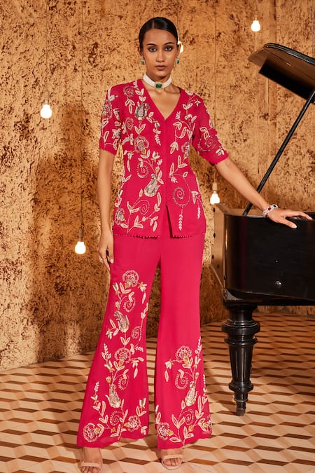 NIDHIKA SHEKHAR_Pink Georgette, Linen Jalsa-e-khaaas Paisley Embroidered Jacket With Flared Pant _Online_at_Aza_Fashions