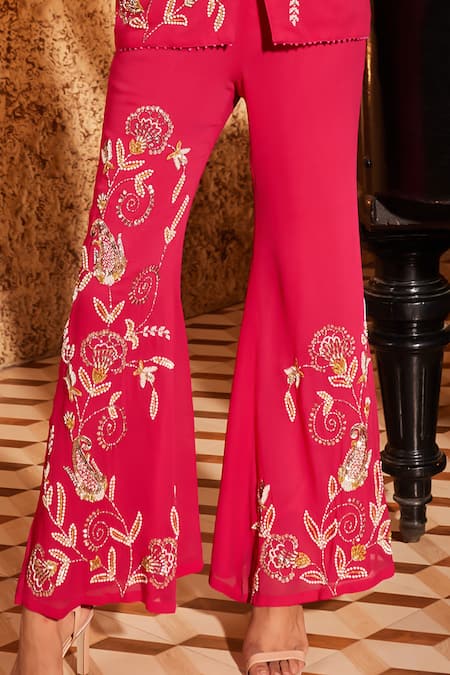 Buy_NIDHIKA SHEKHAR_Pink Georgette, Linen Jalsa-e-khaaas Paisley Embroidered Jacket With Flared Pant _Online_at_Aza_Fashions