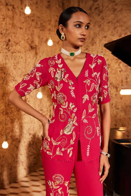 Shop_NIDHIKA SHEKHAR_Pink Georgette, Linen Jalsa-e-khaaas Paisley Embroidered Jacket With Flared Pant _Online_at_Aza_Fashions