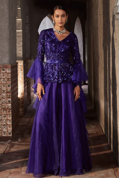 Nidhika Shekhar_Blue Organza, Net, Satin Jamuni Jalsaa Geometric Embroidered Kurta Sharara Set _Online_at_Aza_Fashions