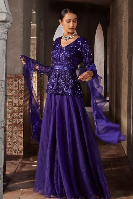 Buy_Nidhika Shekhar_Blue Organza, Net, Satin Jamuni Jalsaa Geometric Embroidered Kurta Sharara Set _Online_at_Aza_Fashions