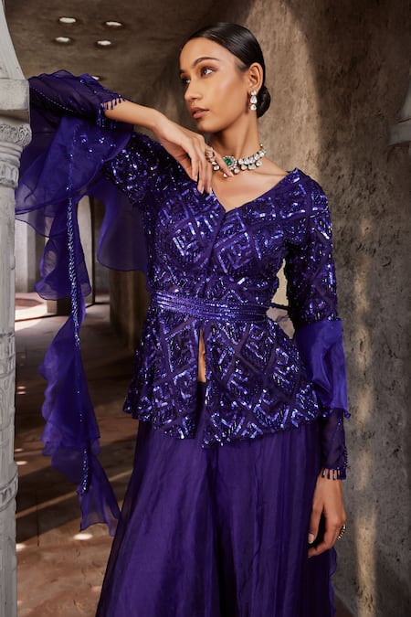 Nidhika Shekhar_Blue Organza, Net, Satin Jamuni Jalsaa Geometric Embroidered Kurta Sharara Set _at_Aza_Fashions