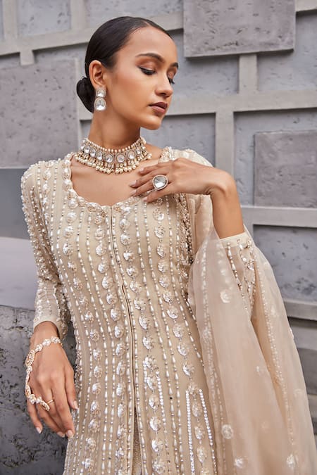 Buy_Nidhika Shekhar_Gold Organza, Net, Suvarn Bela Maharani Floral Embroidered Cape Lehenga Set _Online_at_Aza_Fashions