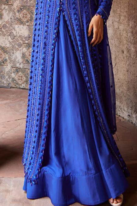 Shop Nidhika Shekhar Blue Organza, Crepe, Utsav Chamakate Sitaare Embroidered Cape Lehenga Set Online at Aza Fashions Shop_Nidhika Shekhar_Blue Organza, Crepe, Utsav Chamakate Sitaare Embroidered Cape Lehenga Set _Online_at_Aza_Fashions