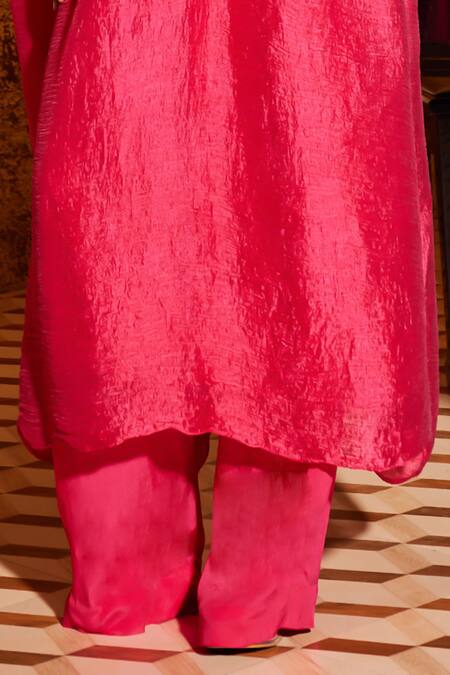 NIDHIKA SHEKHAR_Pink Crepe, Linen Sequins, Crystals V-neck Jashan Embroidered Kaftan With Pant _Online_at_Aza_Fashions