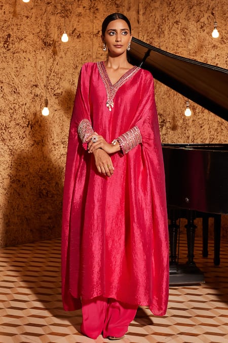 Buy_NIDHIKA SHEKHAR_Pink Crepe, Linen Sequins, Crystals V-neck Jashan Embroidered Kaftan With Pant _Online_at_Aza_Fashions