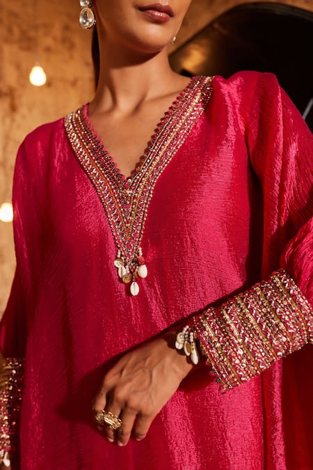 Shop_NIDHIKA SHEKHAR_Pink Crepe, Linen Sequins, Crystals V-neck Jashan Embroidered Kaftan With Pant _Online_at_Aza_Fashions