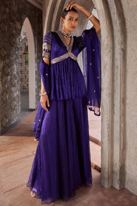 Nidhika Shekhar_Purple Organza, Crepe, Satin Jashan-e-utsav Embroidered Peplum Kurta Sharara Set _Online_at_Aza_Fashions