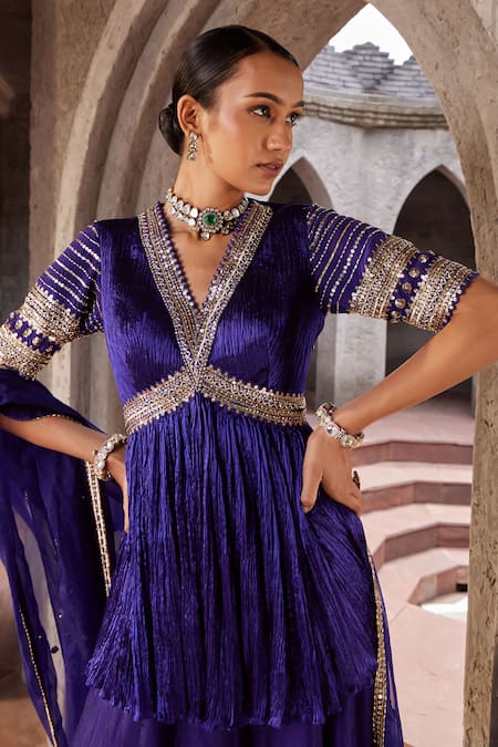 Shop_Nidhika Shekhar_Purple Organza, Crepe, Satin Jashan-e-utsav Embroidered Peplum Kurta Sharara Set _Online_at_Aza_Fashions