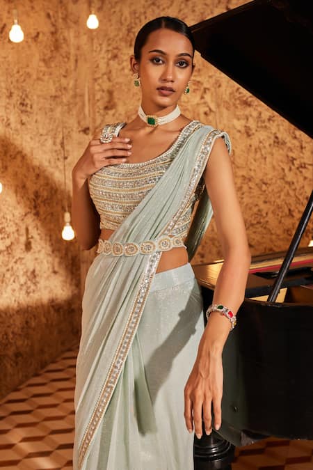 Nidhika Shekhar_Blue Silk, Georgette Sequins Jalsaa-e-khaas Stripe Texture Pre-draped Saree Set _Online_at_Aza_Fashions