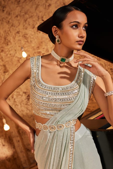 Buy_Nidhika Shekhar_Blue Silk, Georgette Sequins Jalsaa-e-khaas Stripe Texture Pre-draped Saree Set _Online_at_Aza_Fashions
