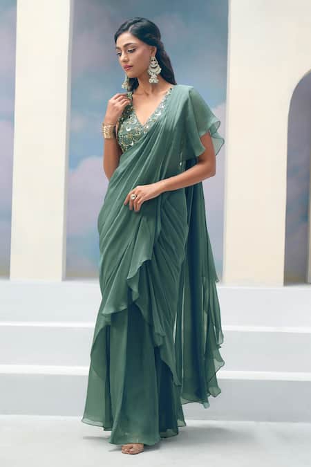 Buy_Silky Bindra X AZA_Blue Organza, Silk, Chiffon Stella Pre-draped Ruffle Saree With Blouse _Online_at_Aza_Fashions