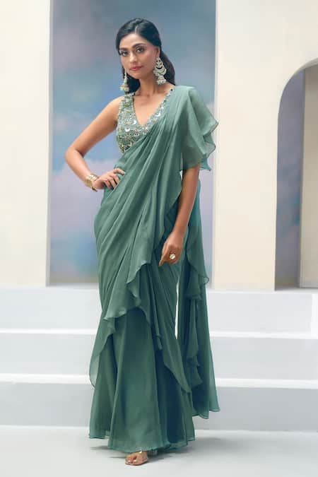 Shop_Silky Bindra X AZA_Blue Organza, Silk, Chiffon Stella Pre-draped Ruffle Saree With Blouse _Online_at_Aza_Fashions